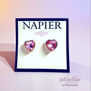 🥳 3/$26 Napier Heart Stud Earrings Pink Crystal Gold Tone